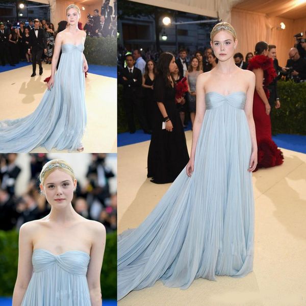 

2020 met gala pleated prom dresses long elle fanning in light sky blue strapless neck evening dress red carpet chiffon celebrity gowns, Black