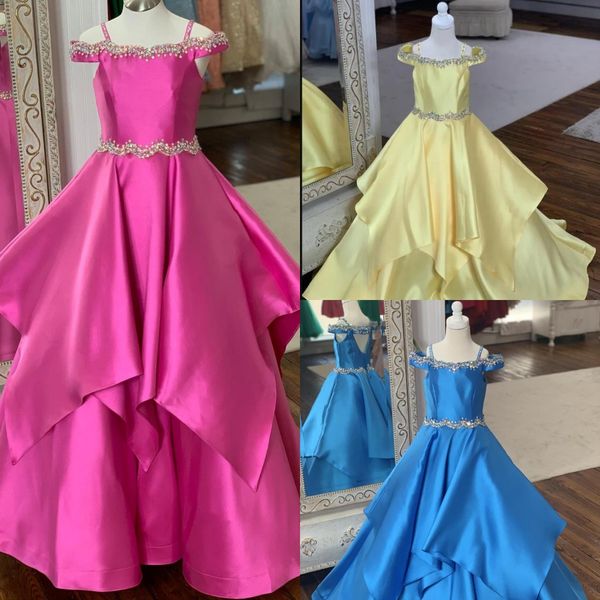 Vermelho amarelo amarelo azul princesa vestido de esfera meninas concurso de pageant 2020 ombro frio frisado frisado camadas de strass flor vestido para casamento