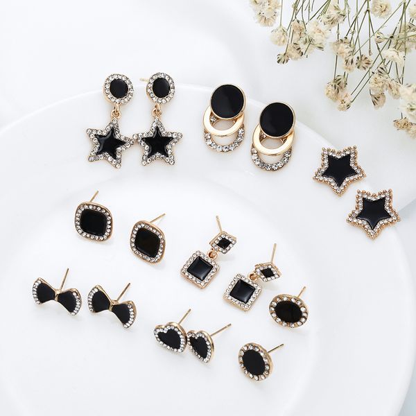 

new trendy mini stud earrings for girl black color geometric ear jewelry round star lovely crystal stud earrings gift jewelry, Golden