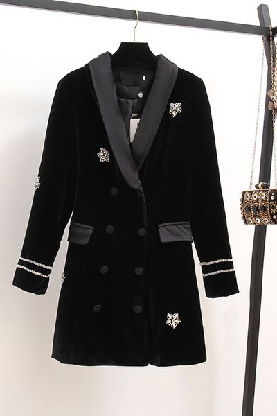 

new 2020 brand black dress autumn women outerwear jackets diamond velvet long sleeve double-breasted short dress vestidos, Black;brown
