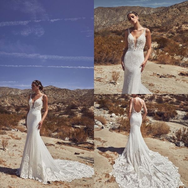 

2020 glamorous mermaid wedding dresses scoop backless beads appliques lace wedding dresses court train bridal gowns, White