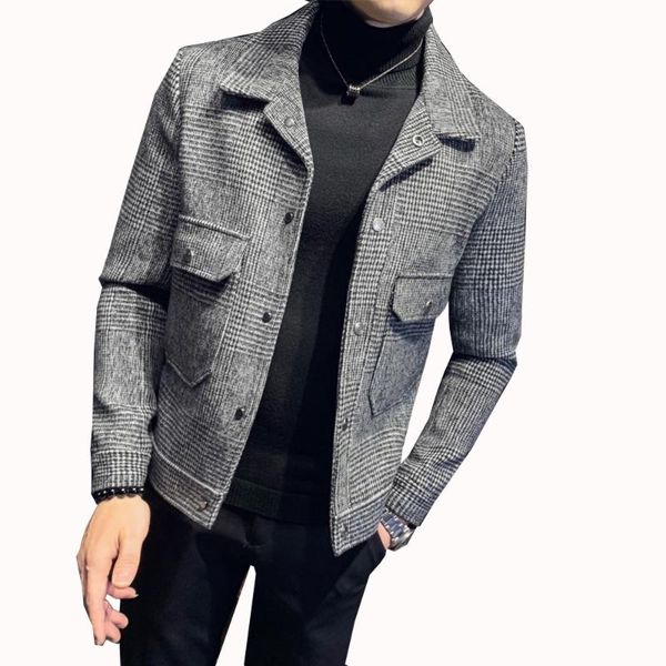 

autumn winter new men's jacket male 2019 new plaid young korean version of the trend of lapel plaid wool jacket short section, Black;brown