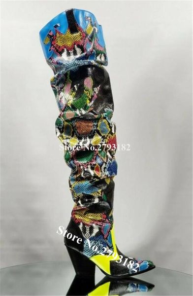 

western fashion style pointed toe snake leather over knee chunky heel boots patchwork mixed-colors long med heel cowboy boots, Black