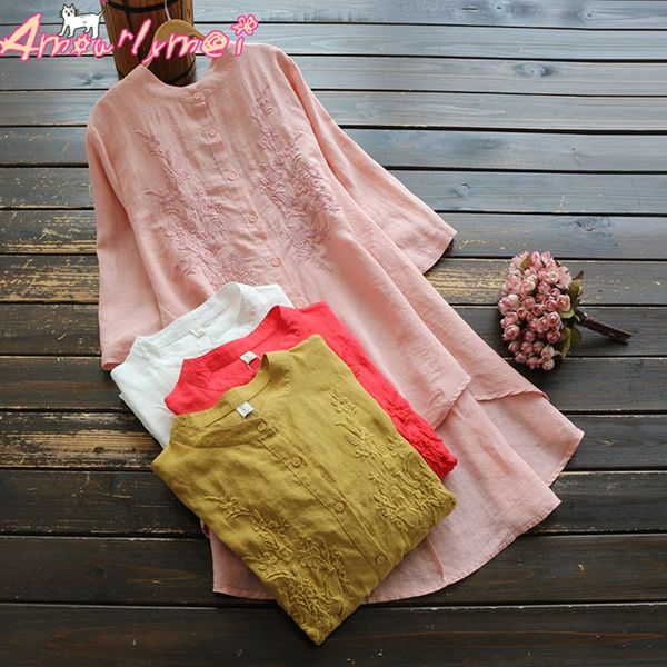 

2019 spring autumn women blouse mori girl casual loose solid stand sollar floral embroidery cotton linen long shirt women, White