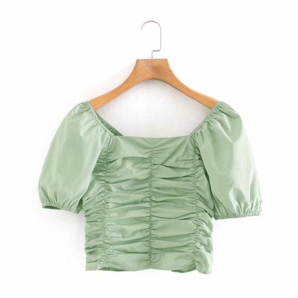 

2020 women vintage square collar solid color elastic pleated smock blouse female puff sleeve slim shirts chic blusas ls6689, White