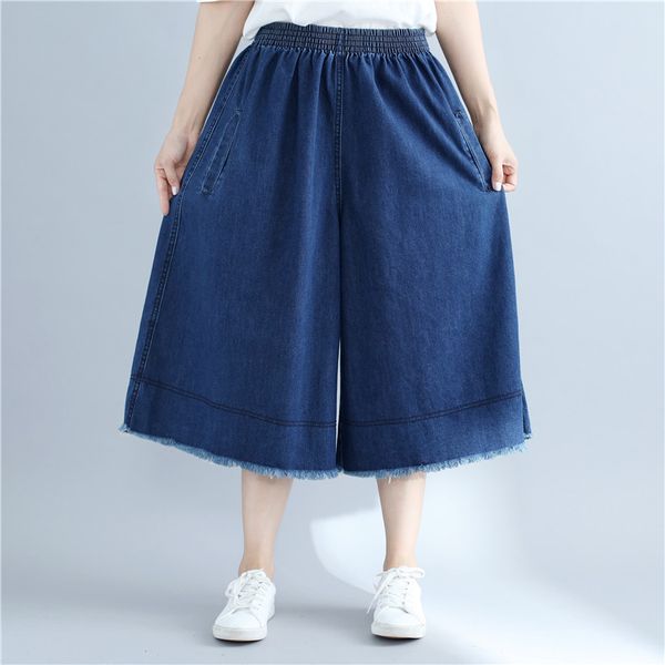 

summer women loose plus size wide-leg denim pants casual elastic waist blue jeans cropped pants female vestidos