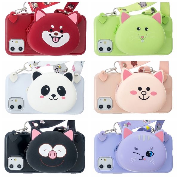 

3d cute coin purse wallet soft tpu case for iphone 11 pro max xr xs max x 7 6 5 se cartoon panda pig rabbit cat phone cover +shoulder strap