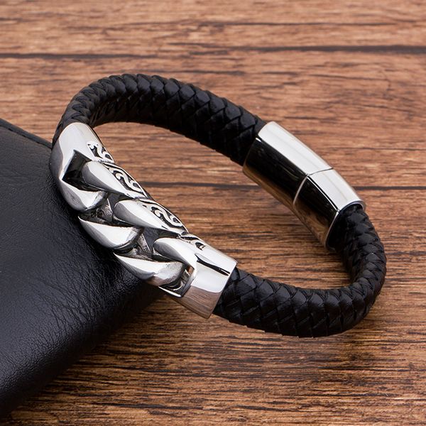 

charm genuine leather black stainless steel magnetic hk bracelet men birthday gift for boy friend, Golden;silver