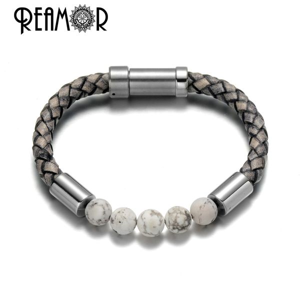 

reamor gray series landscape natural stone beaded stainless steel bracelets men's genuine leather braided handmade bracelet, Golden;silver