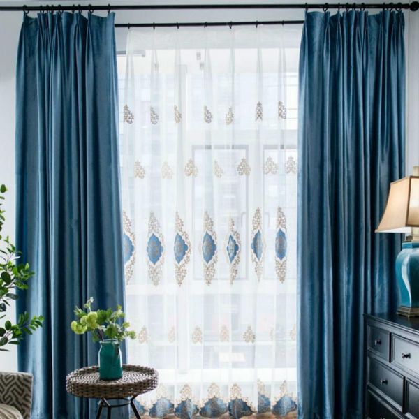 

blue blackout curtains for living room l european simple design window drape embroidered tulle flannelette curtains