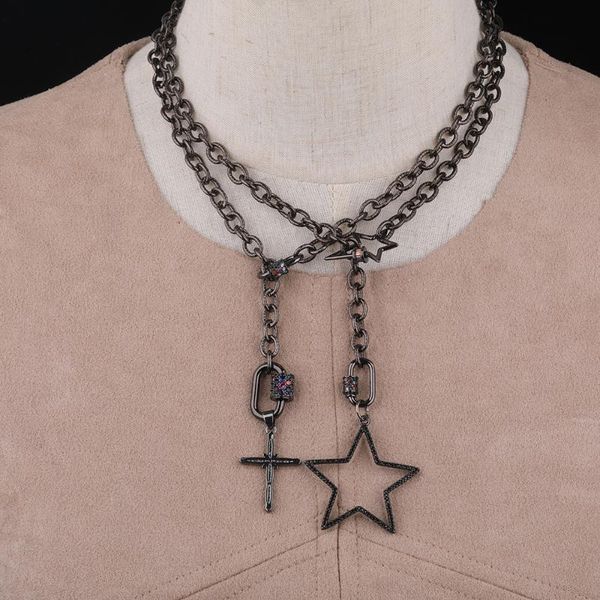 

3pcs/lot rainbow zirconia oval clasps buckle cross stars pendant necklace,carabiner gun black metal chains necklace long 18 inch, Silver