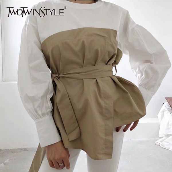 

twotwinstyle patchwork female high waist lace up lantern long sleeve fake two piece set womens shirt blouse korean fashion, White