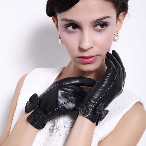

women leather gloves bow imported high grade sheepskin leather gloves female full finger genuine black  m l xl, Blue;gray