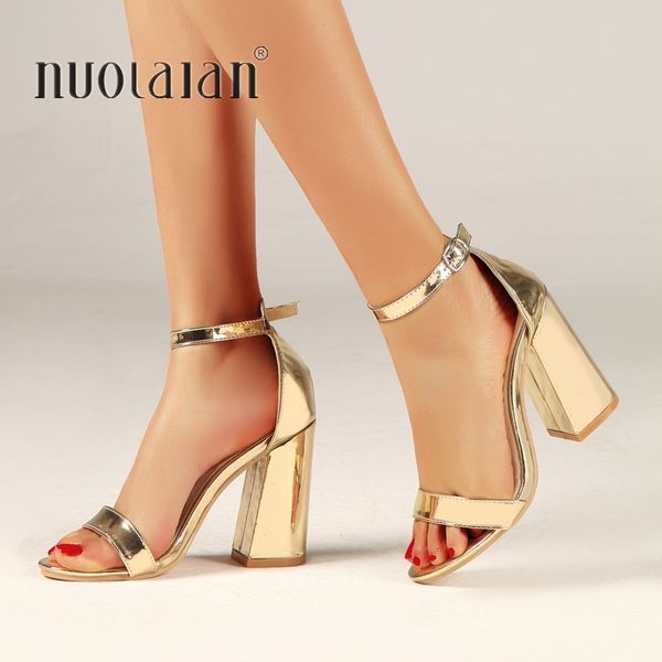 

size35-42 2019 fashion shoes women heeled sandals gold silver ankle strap pumps super high heels  cm square heels lady shoes, Black