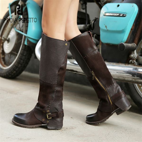 

prova perfetto sewing women knee high boots autumn winter high boots genuine leather flat shoes woman platform botas mujer, Black