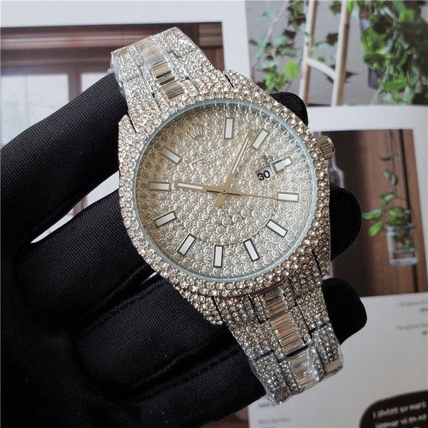 

relogio masculino diamond mens watches fashion black dial calendar gold bracelet folding clasp master male 2020 gifts couples, Slivery;brown