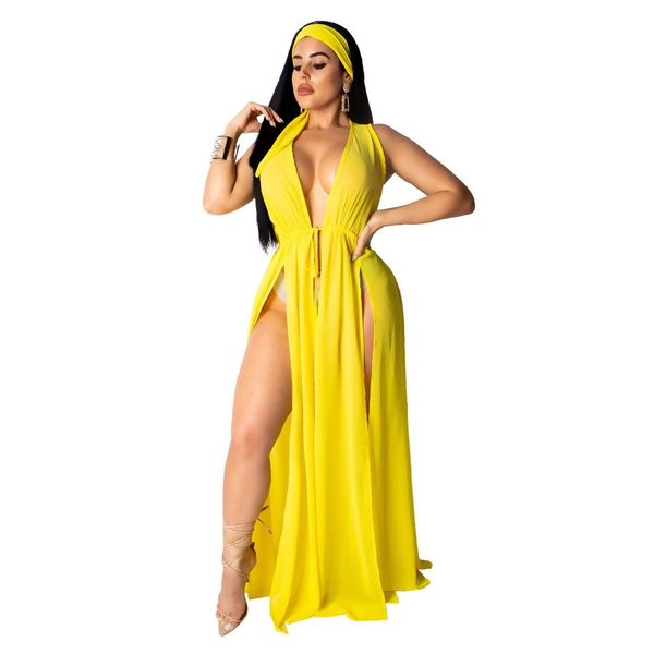 

solid open stitch chiffon summer beach maxi dress v neck sleeveless high slit club party dresses boho vestidos, Black;gray