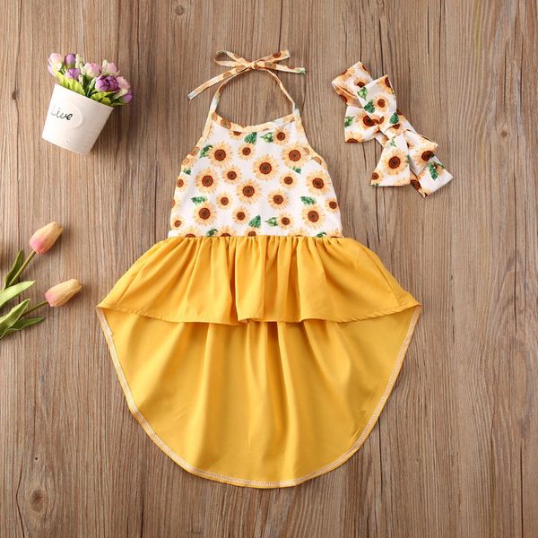 

kids girls summer fashion 2-piece outfit set halter sunflower print patchwork backless dress and headband set, Red;yellow