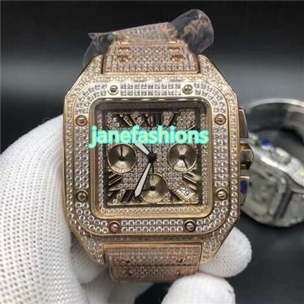 

хронограф из розового золота iced алмазный мужские часы square мода hot sale популярные часы кварцевые мужские бесплатная доставка, Slivery;brown