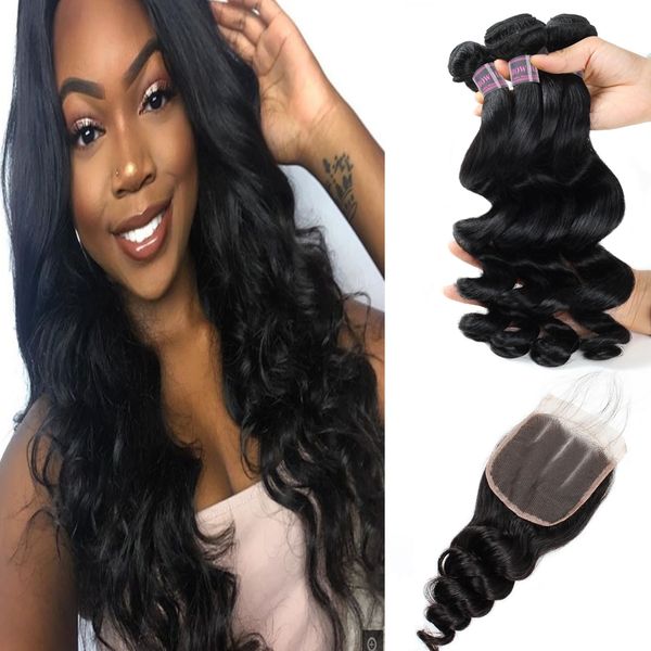 

28" завитые тела девственницы extensions волос сыпучие deep wave 3 / 4шт с кружево закрытие прямой человеческих волос пучки с закрытием, Black