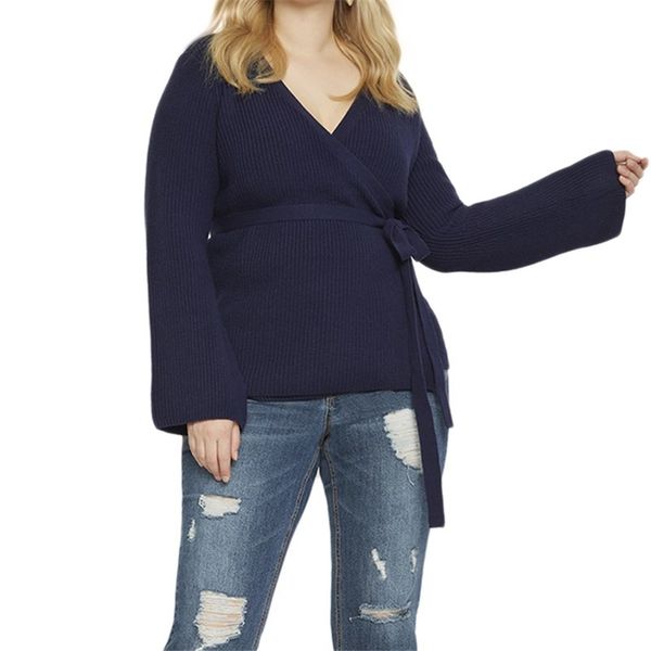 

plus size autumn spring fashion solid color lace-up long sleeve 3xl-7xl v-neck overweight woman knitwear large size sweaters