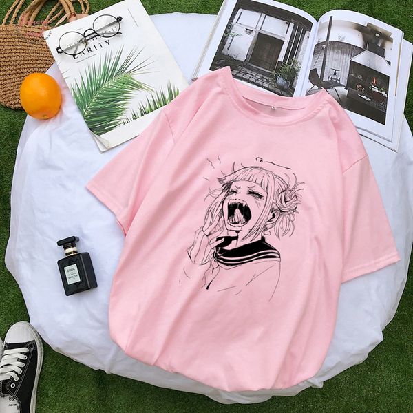 

yandere химико тога kawaii cap рукава печати футболка otaku лето с коротким рукавом женщины одежда harajuku japanses стиль anime girl pink t, White