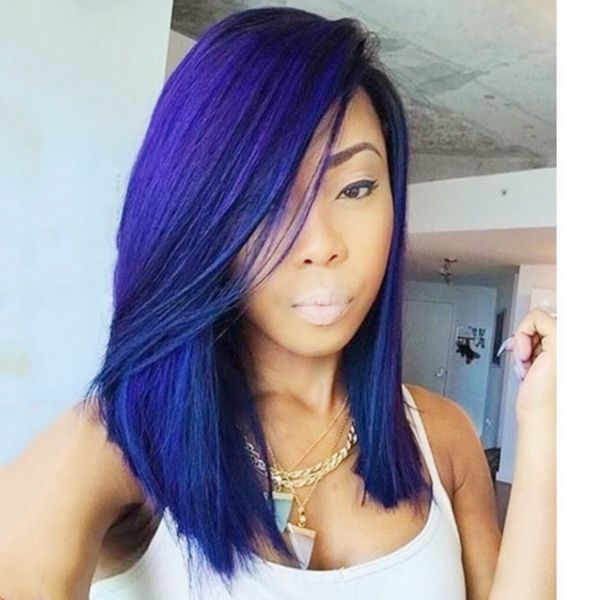 Hot Fashion 2 Tones Black Ombre Blue Short Bob Wigs Heat Resisitant Glueless Synthetic Lace Front Wig 180 Density Cosplay Wigs For Women Fun Wigs