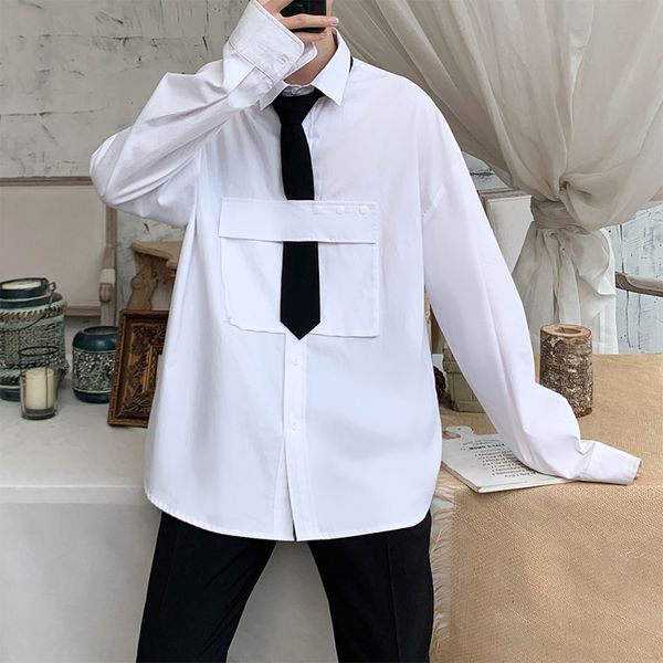 

new men long sleeve loose casual white shirt men streetwear fashion hip hop pocket design shirt, White;black
