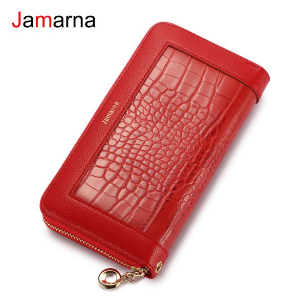 

jamarna wallet female pu red long clutch women wallet female card holder splice crocodile pattern zipper purse red coin, Red;black