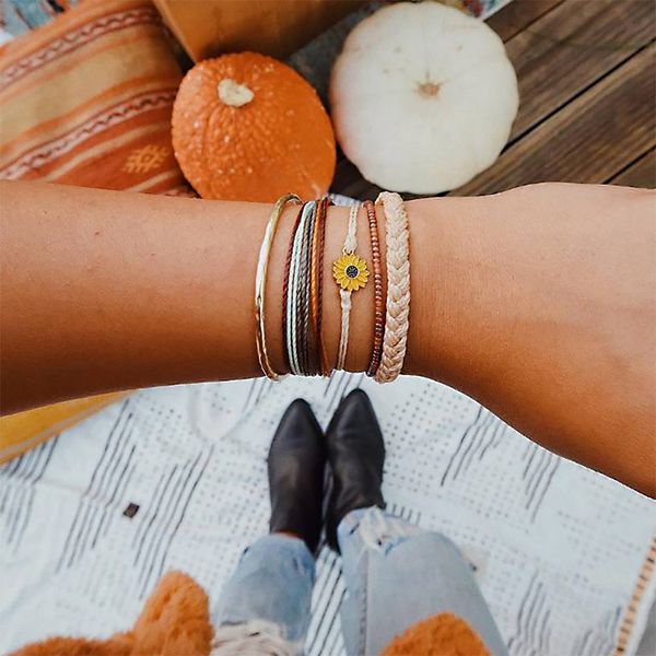 

5 pcs/ set exquisite women multilayer color woven leather rope flower beads chain adjustable bracelet set combination, Black