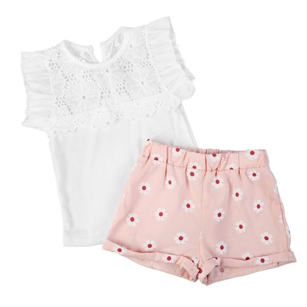 

2020 baby summer clothing children sets for girls sleeve flower cotton o-neck shirt + pink shorts summer clothes 2pcs set, White