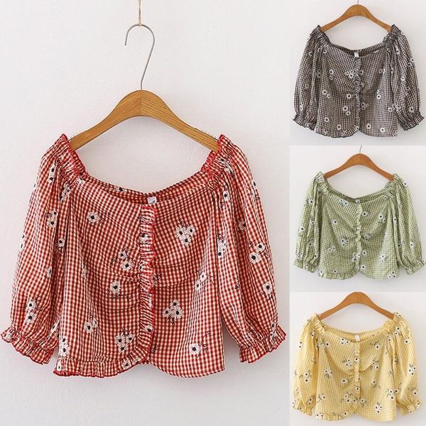 

summer shirts lady fashion elegant women french retro print three quarter casual vintage blouse, White