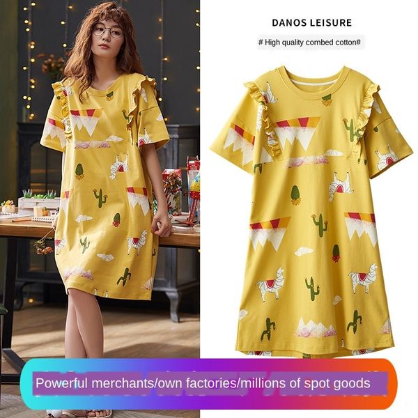 

nightgown women's summer short-sleeved thin home clothes loose mid-length cotton pajamas pajamas plus size xxxl d, Black;red