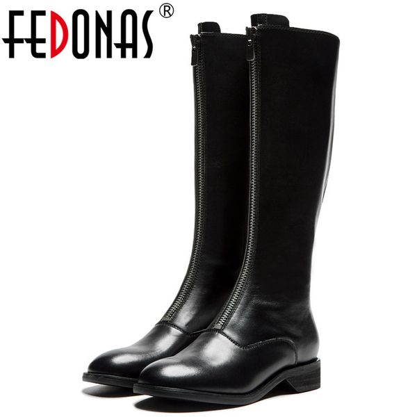 

fedonas fashion brand women knee high boots low heels autumn winter motorcycle boots round toe ladies high shoes woman, Black