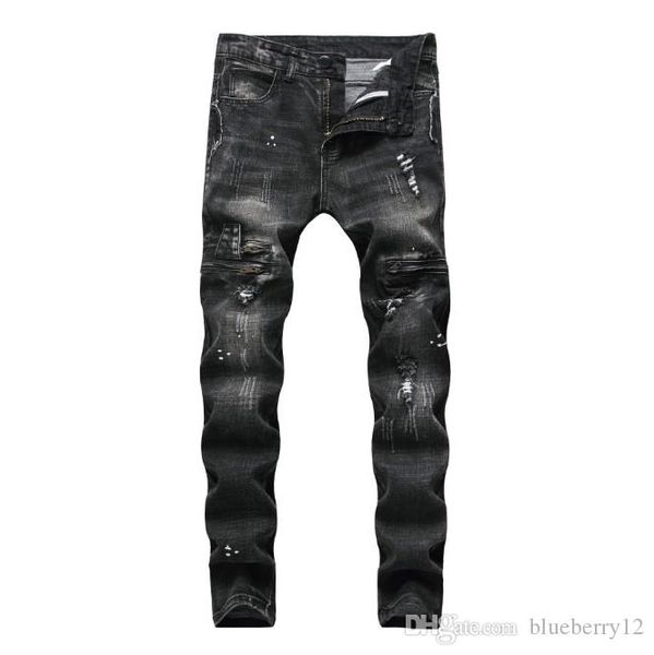 

мужские джинсы рваные байкер джинсы хлопок black slim fit мужской мотоциклов брюки мужские винтажные молнии джинсовые брюки, Blue