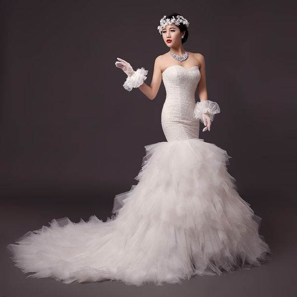 

elegant sweetheart mermaid wedding dress with 2m train vestido tiered lace organza wedding gowns bridal dresses robe de mariee, White