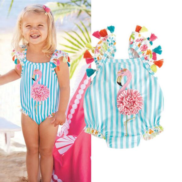 

kids baby girls flamingo bikini set swimwear swimsuit costume blue striped swimwear one-piece swimsuit beach bathing suit, White