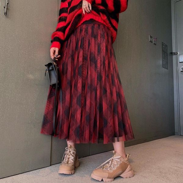 

2019fw women luxury mesh skirt female plaid midi skirt 2 color rmsx 10.06, Black