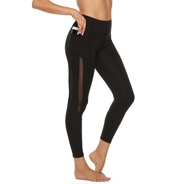 

exercise women yoga breathable pants phone pocket mesh stitching fitness patchwork push up legging tight trousers gym cloth3, White;red