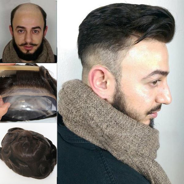 

100% swiss french lace q6 base male hair toupee system for men bleached tiny knots replacement system, Black
