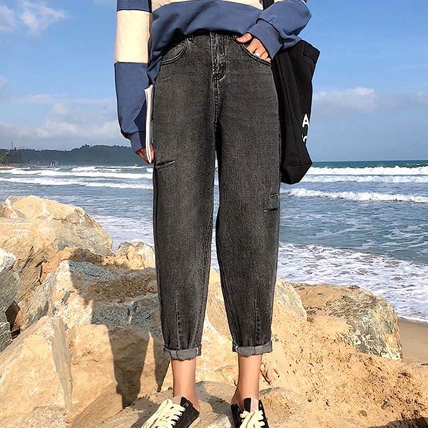 

women denim jeans spring autumn high waist ankle-length jean pants boyfriend jeans for women casual loose vaqueros mujer pockets, Blue