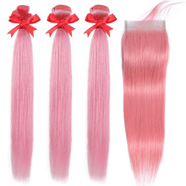 

straight hair pink bundles with closure beauty colored brazilian hair weave bundles with closure remy pink human hair, Black