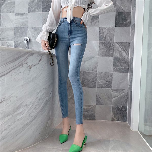 

hzirip new hole jeans vintage skinny chic denim elastic high waist women female brief casual all match ankle-length trousers, Blue