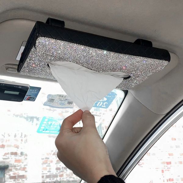 

car sun visor tissue box multifunctional luxury crystal pu leather paper holder hanging 1 piece