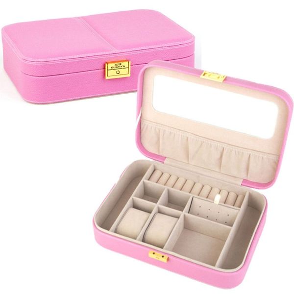 

travel protable jewelry box double layer necklace ring storage organizer, Pink;blue