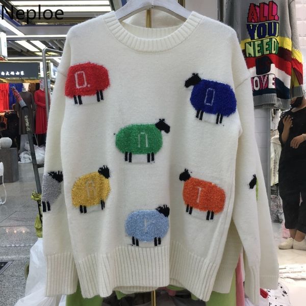 

neploe 2019 autumn winter new vintage loose knit pull femme o neck long sleeve pullover cartoon thick sweater color match 46879, White;black