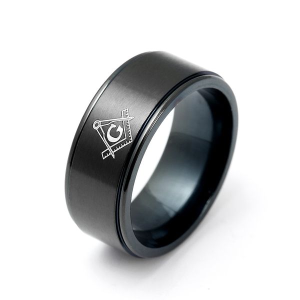 Großhandel Edelstahl Silber Freimaurer Ring Schwarz Männer Frauen Benutzerdefinierte Logo Quadrat Kompass Freimaurerei Mason Emblem Zeichen Ringe 8 MM Breite