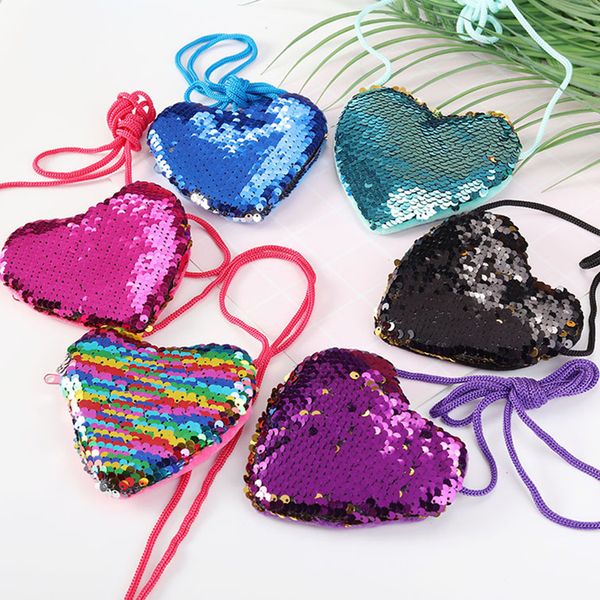 

new heart-shaped shoulder bag lanyard sequins change purse children's small purse portable baby bag lady zero wallet t2d5037