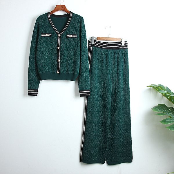 

spring autumn 2020 new shake women's v-neck single-breasted long-sleeved knitt jacket with high waist wide leg pants two-piece set, White