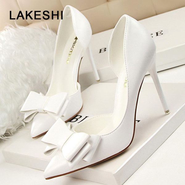 

2019 fashion women pumps high heels wedding shoes solid pointed toe stiletto bow women shoes white ladies bow heels, Black